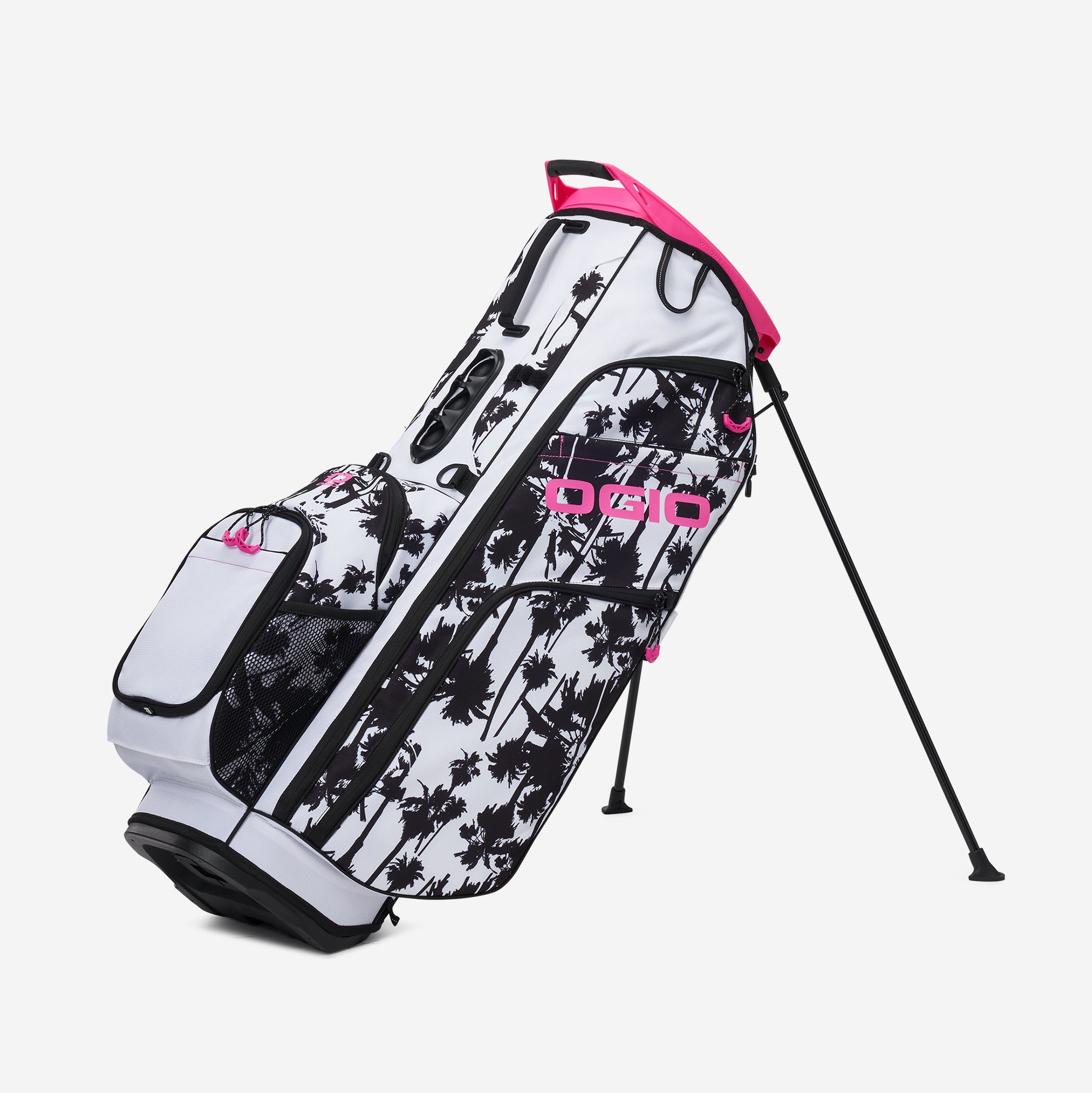 A golf bag with a black, white, and pink design, featuring a floral pattern and the brand 'WOODE' displayed prominently. The bag is standing on a stand, indicating it has a stand feature.