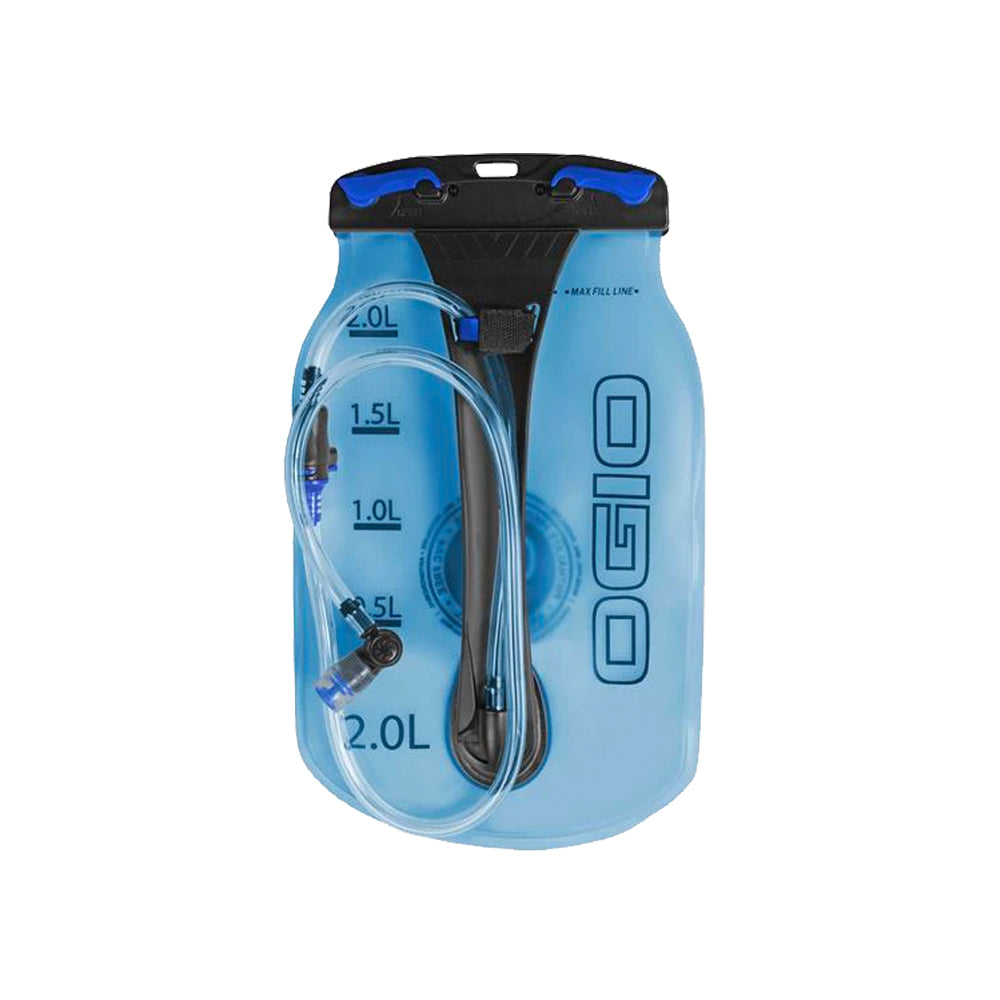 A 2-liter blue OGIO hydration reservoir bag with a black strap and measurement markings on the front.