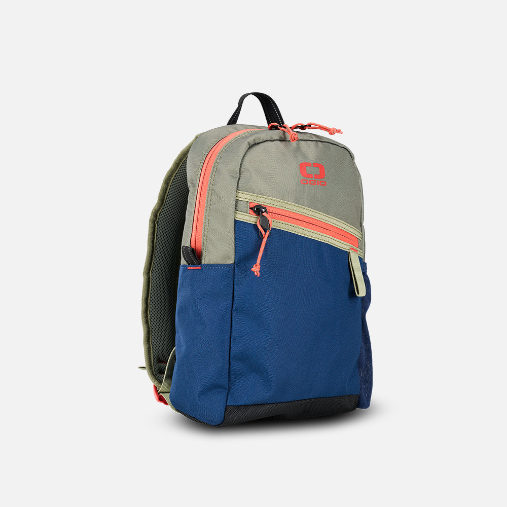 A compact Alpha Mini Backpack in colors midnight olive, blue, and gray with orange zippers.