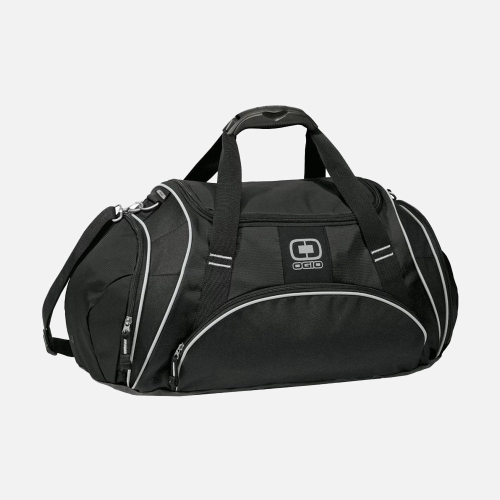 A black duffle bag with white stripes and a logo on the front, featuring multiple compartments and a shoulder strap.