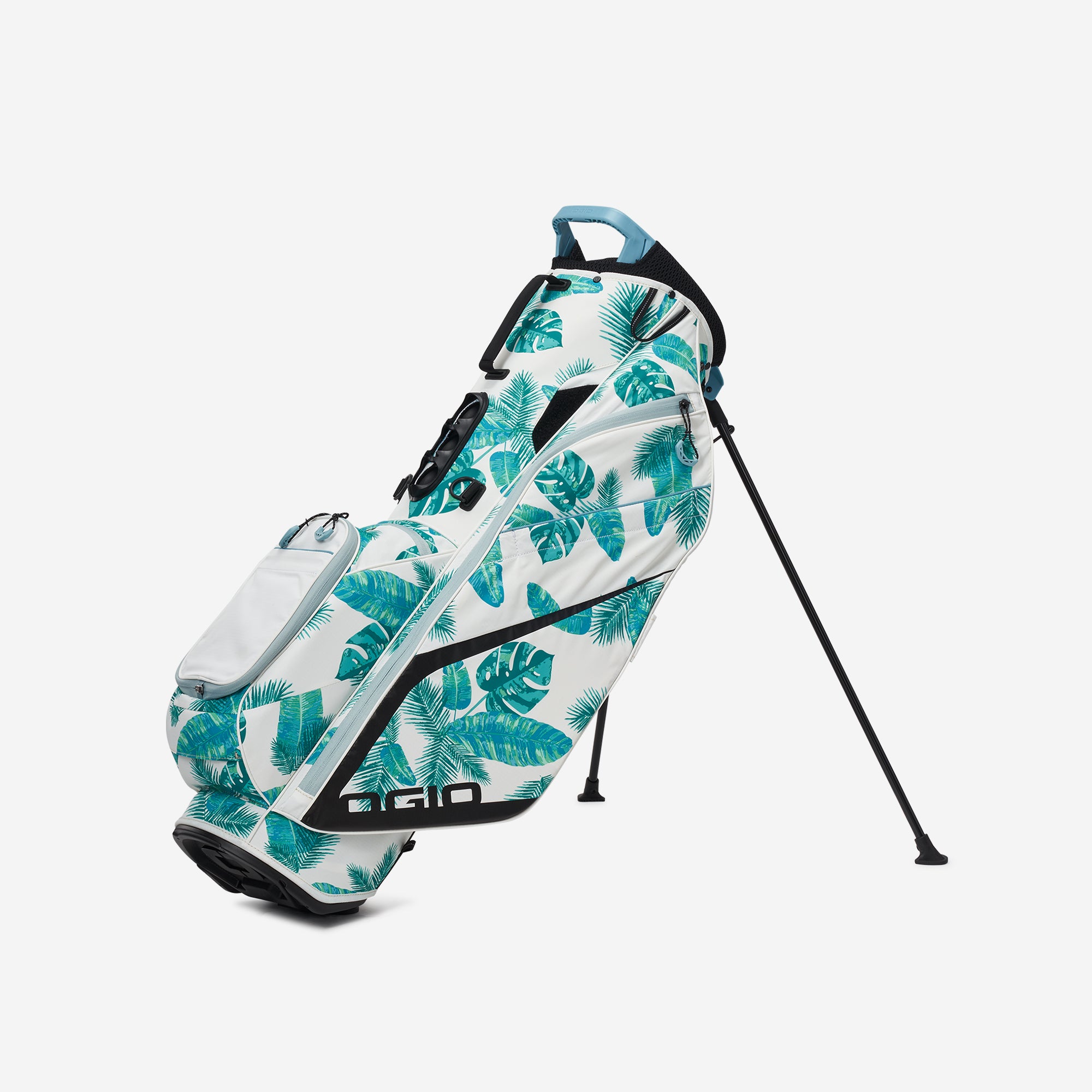 A golf stand bag with a geometric pattern featuring twilight tropics grey colors, displayed on a white background.
