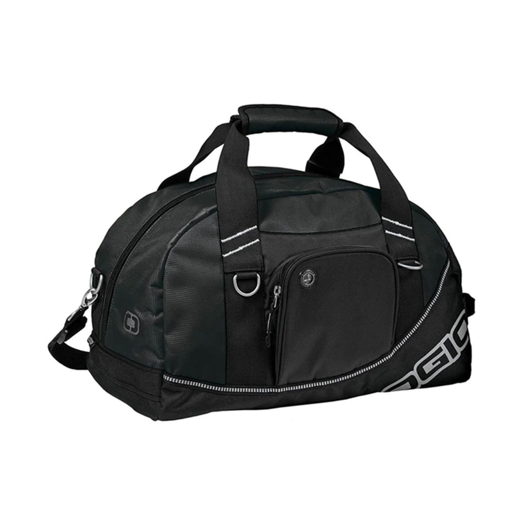 A black duffel bag with white and gray accents, featuring multiple compartments and a branded logo.