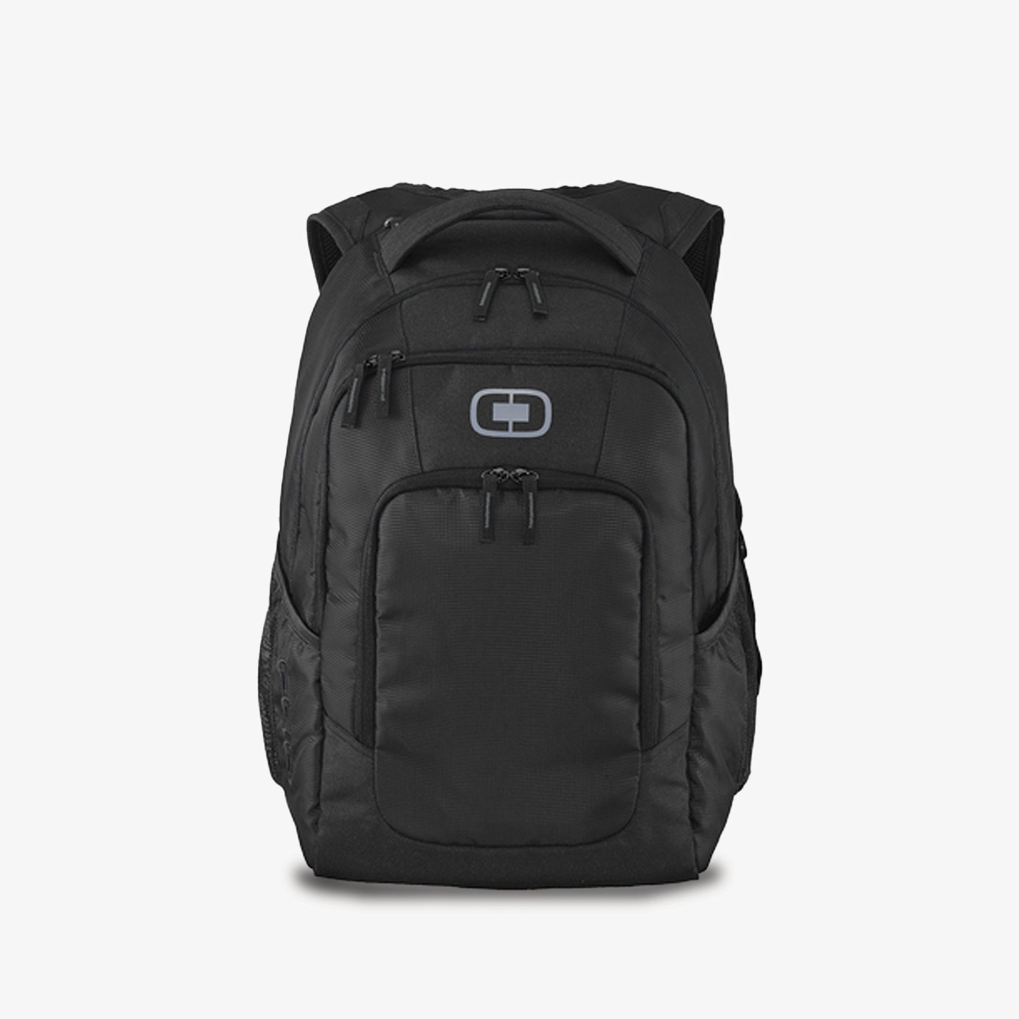 A black OGIO branded backpack with multiple compartments, zipper closures, and a logo on the front.
