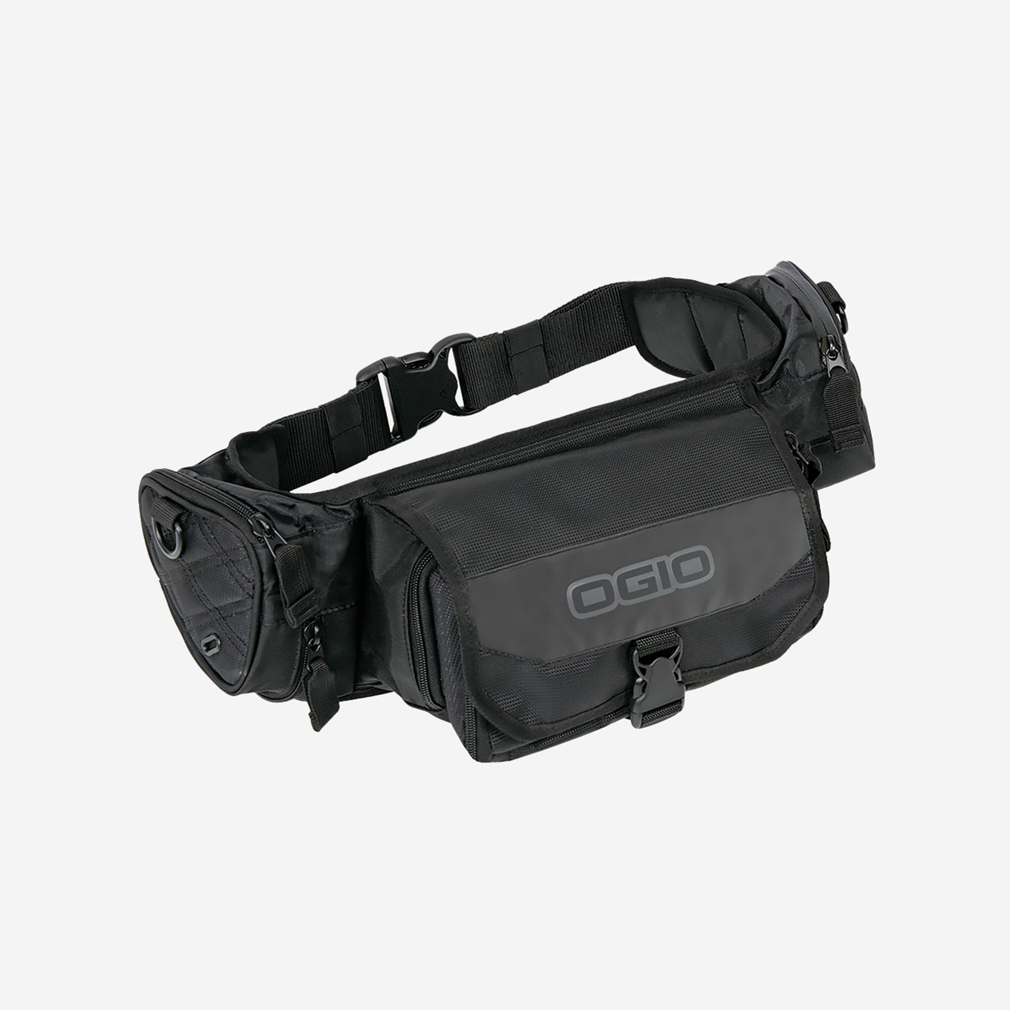 A black OGIO branded motorcycle tool pack with multiple compartments and adjustable straps.