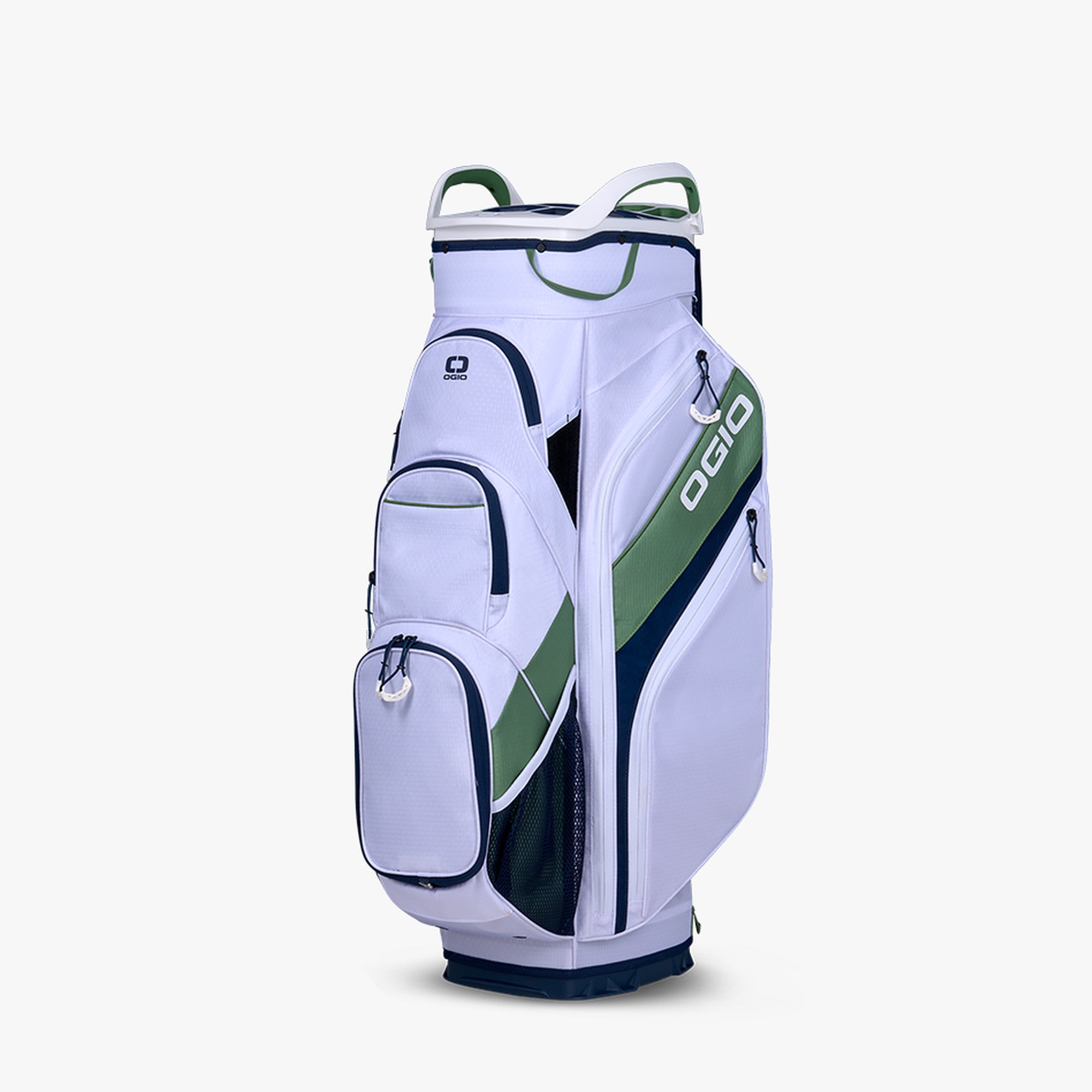 A white golf cart bag with navy and green accents, featuring multiple pockets and the OGIO brand logo.