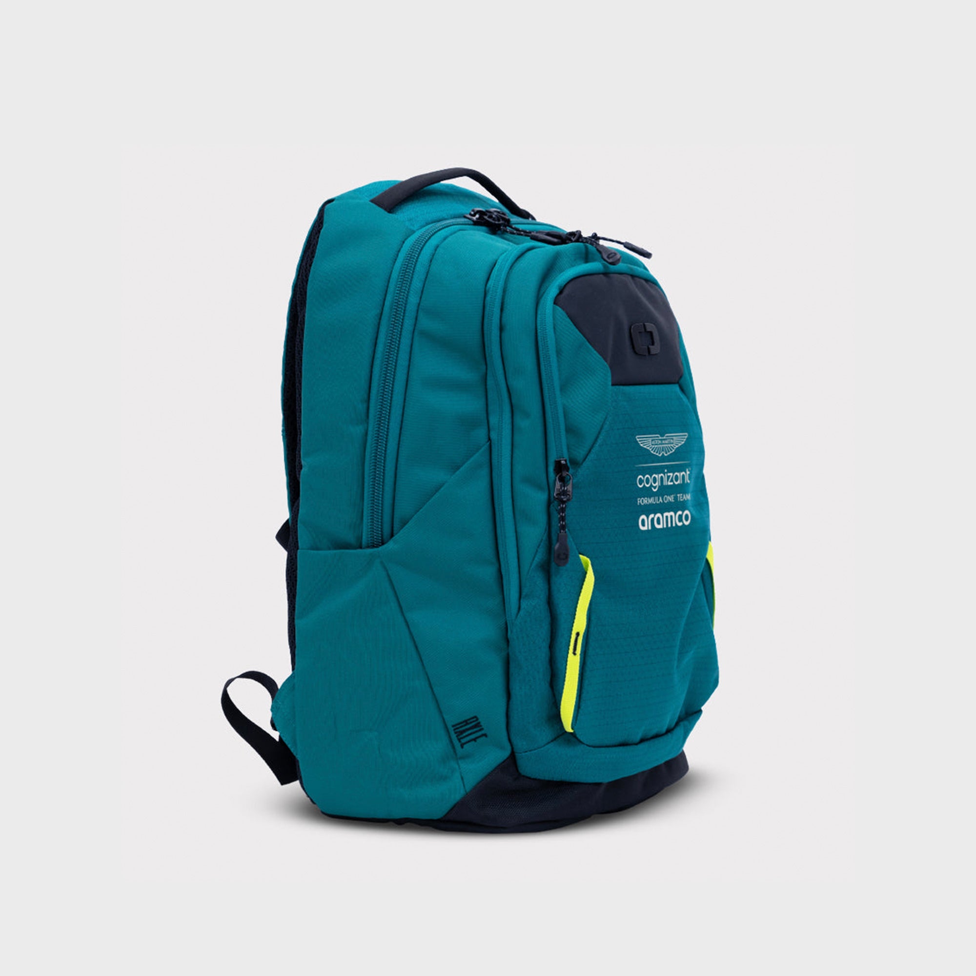 A teal colored OGIO backpack with multiple compartments and a yellow accents, featuring the Aston Martin Aramco Cognizant logo.