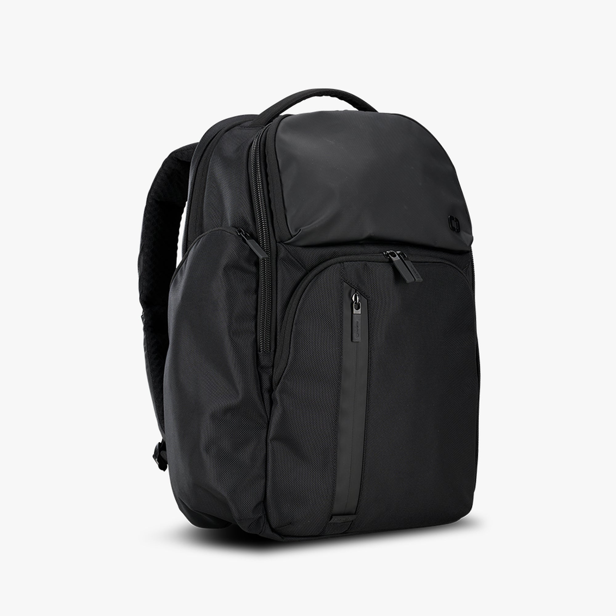 A black business travel backpack with multiple pockets and a trolley sleeve.
