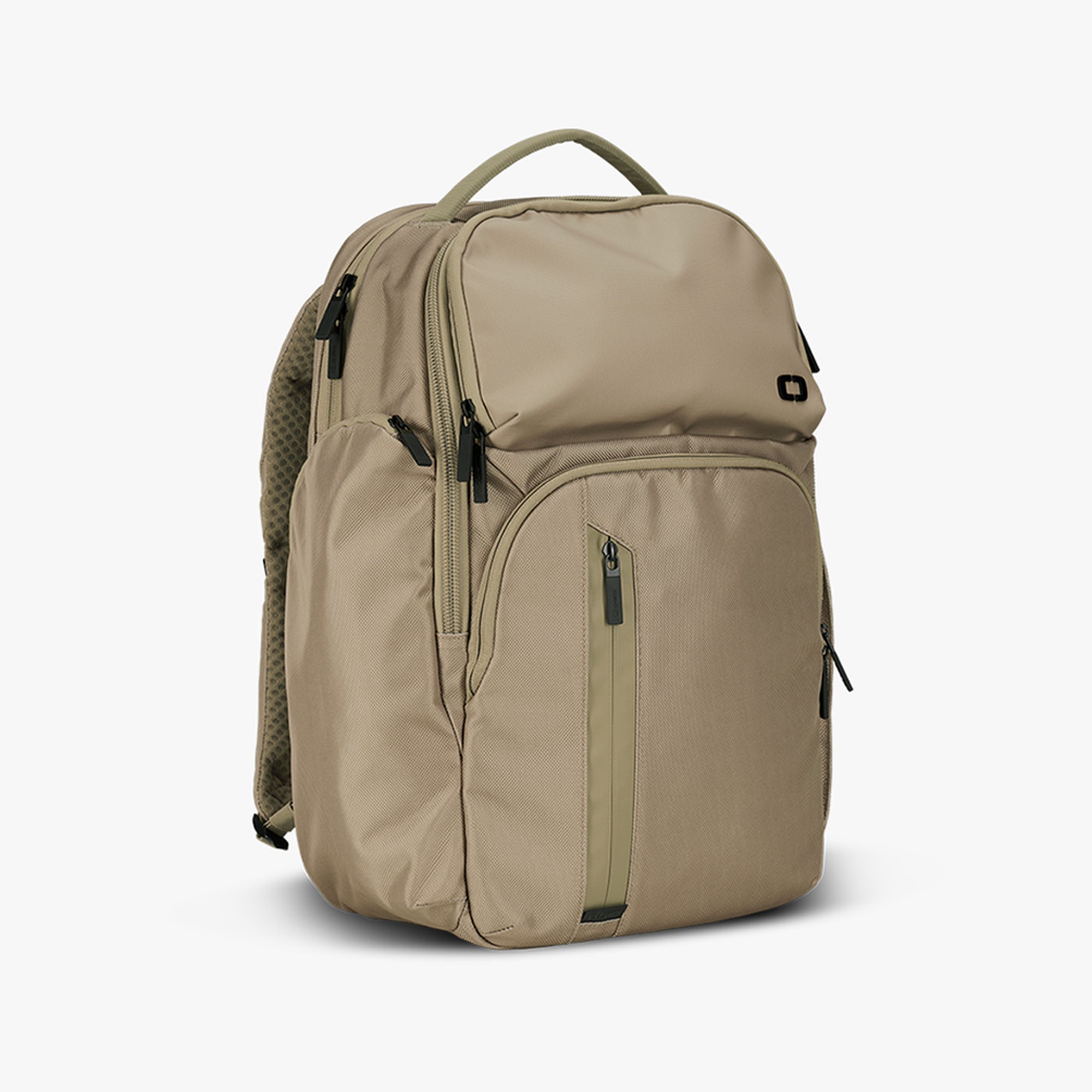 A beige 25 liter business travel backpack with multiple pockets and a trolley sleeve, designed for organization and convenience.
