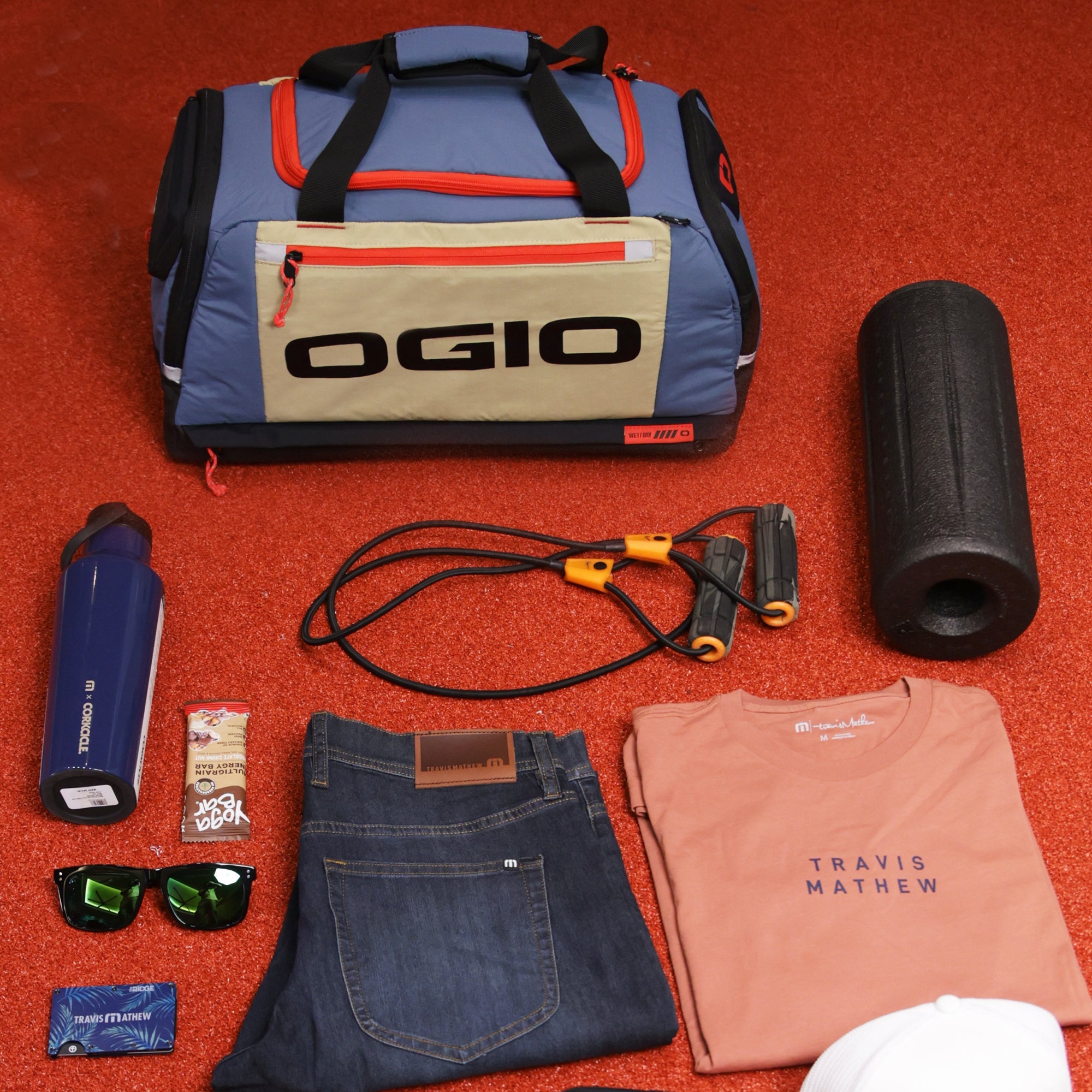 35L Fitness Duffel - Tan/Blue/Red