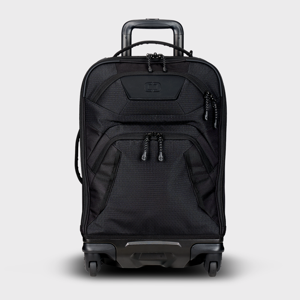 A black carry-on travel bag with a telescopic handle, top and side carry options, and multiple external pockets.