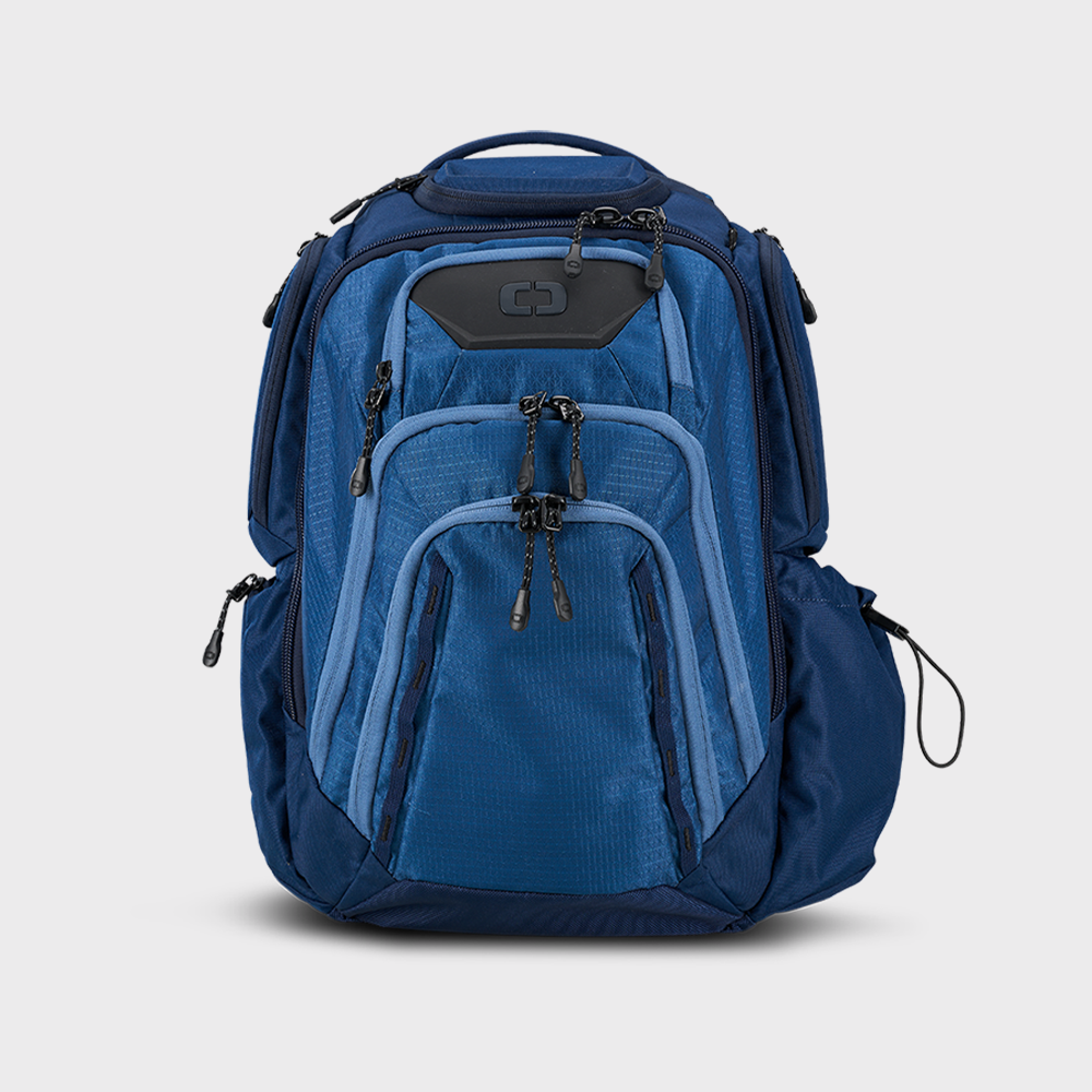 A navy blue Renegade Pro backpack with multiple compartments and zipper closures, designed for organization and protection of gear.