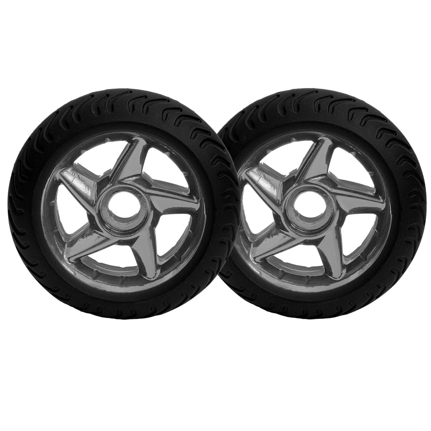 A pair of replacement wheels for a golf travel bag, featuring a black rubber tire and a silver metal structure.