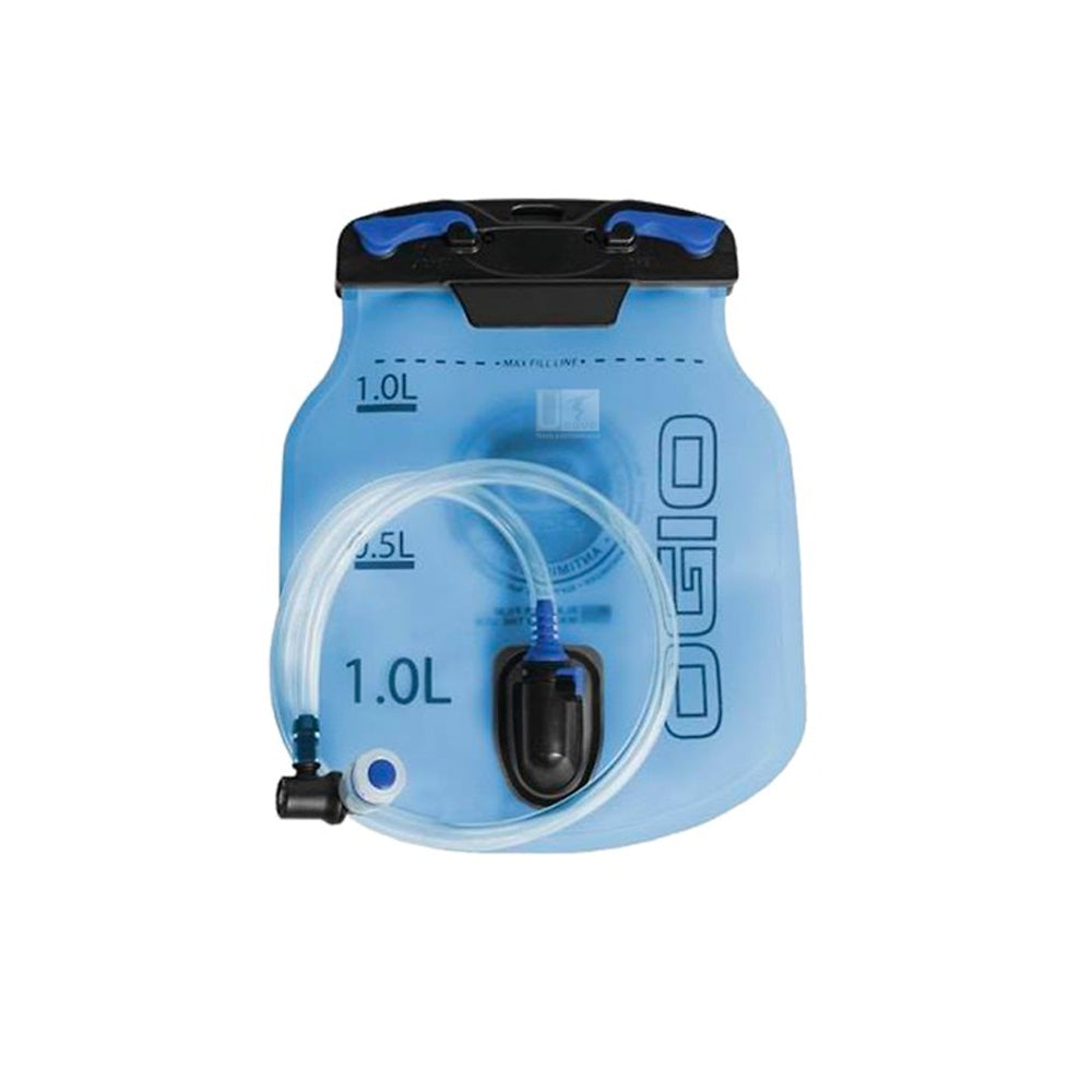 A blue OGIO branded 1-liter hydration reservoir bag with a black bite valve and markings for fluid measurement.