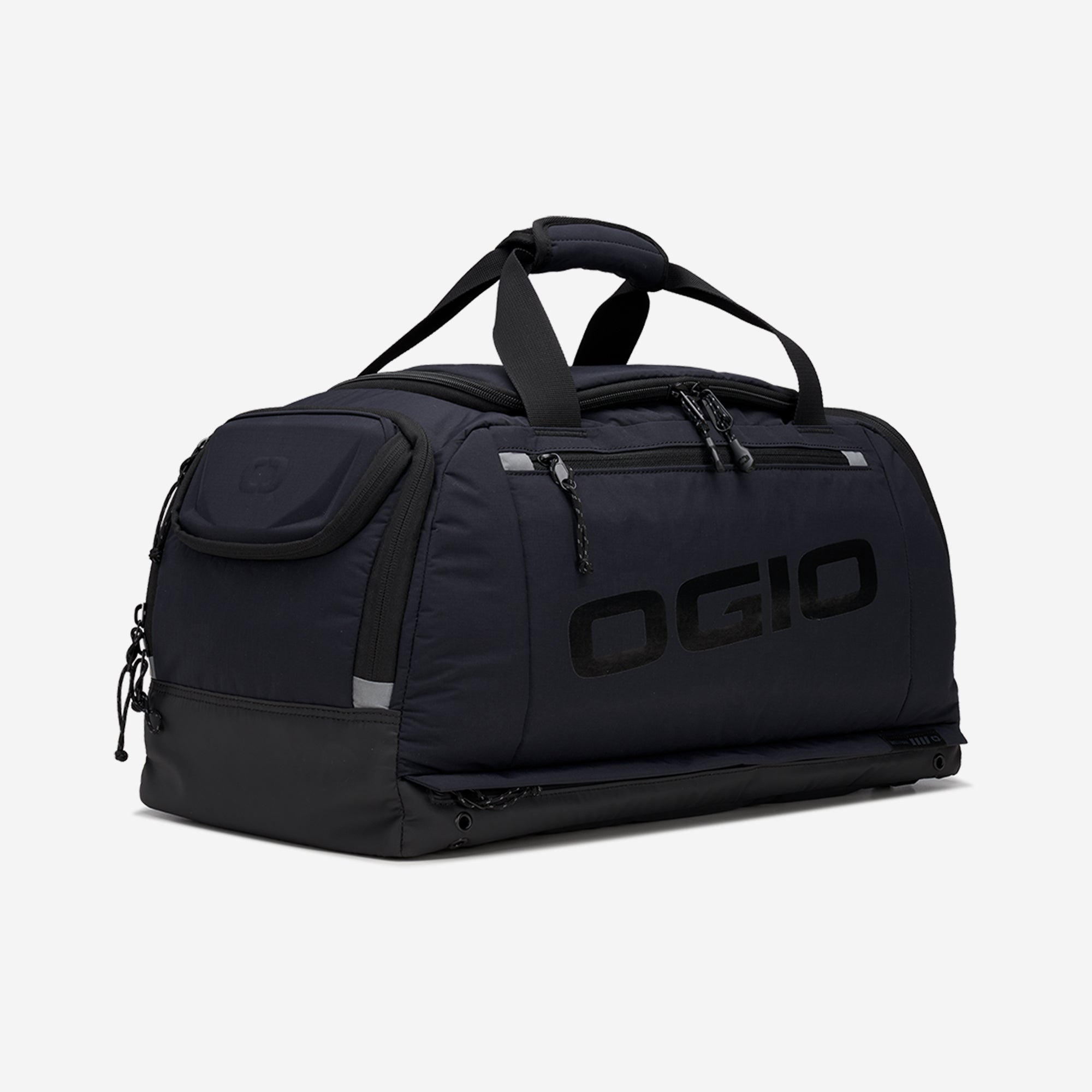 A black fitness duffel bag with multiple carry handles and a branded logo on the side.