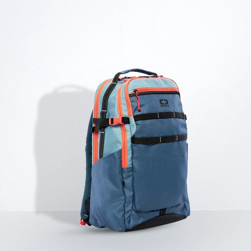 Blue backpack with orange accents on a white background