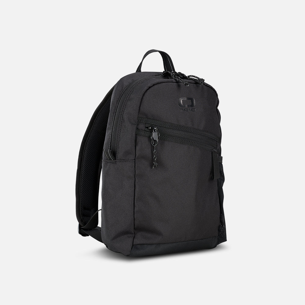 A black mini backpack with adjustable straps and multiple compartments.