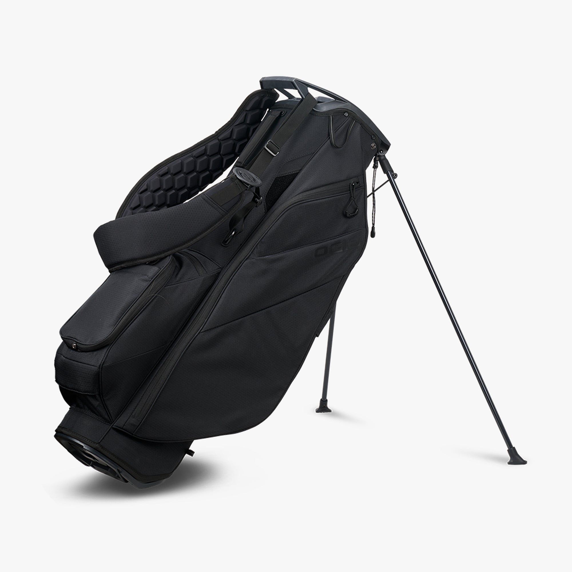 A black OGIO FUSE STAND GOLF BAG on a white background, showing multiple pockets and the over-molded 4-way top.