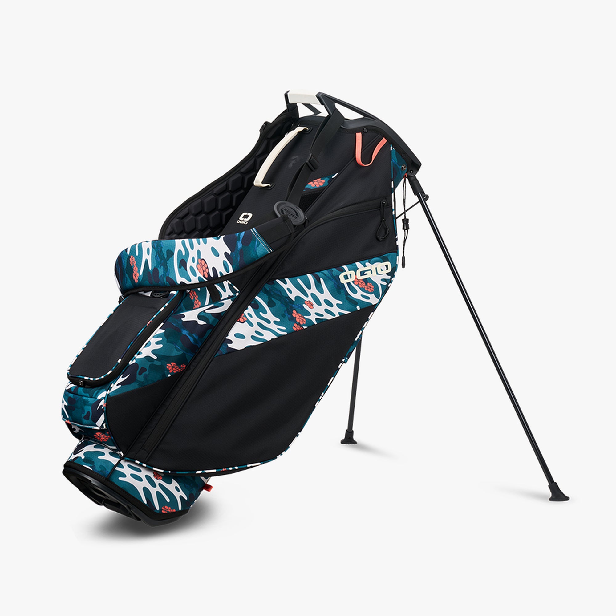 OGIO FUSE STAND GOLF BAG in black with wave camo pattern on the side pockets.