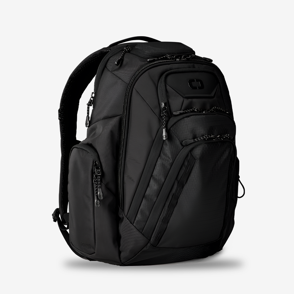 A black Gambit Pro backpack with multiple pockets and organizational features, designed for technology accessories.