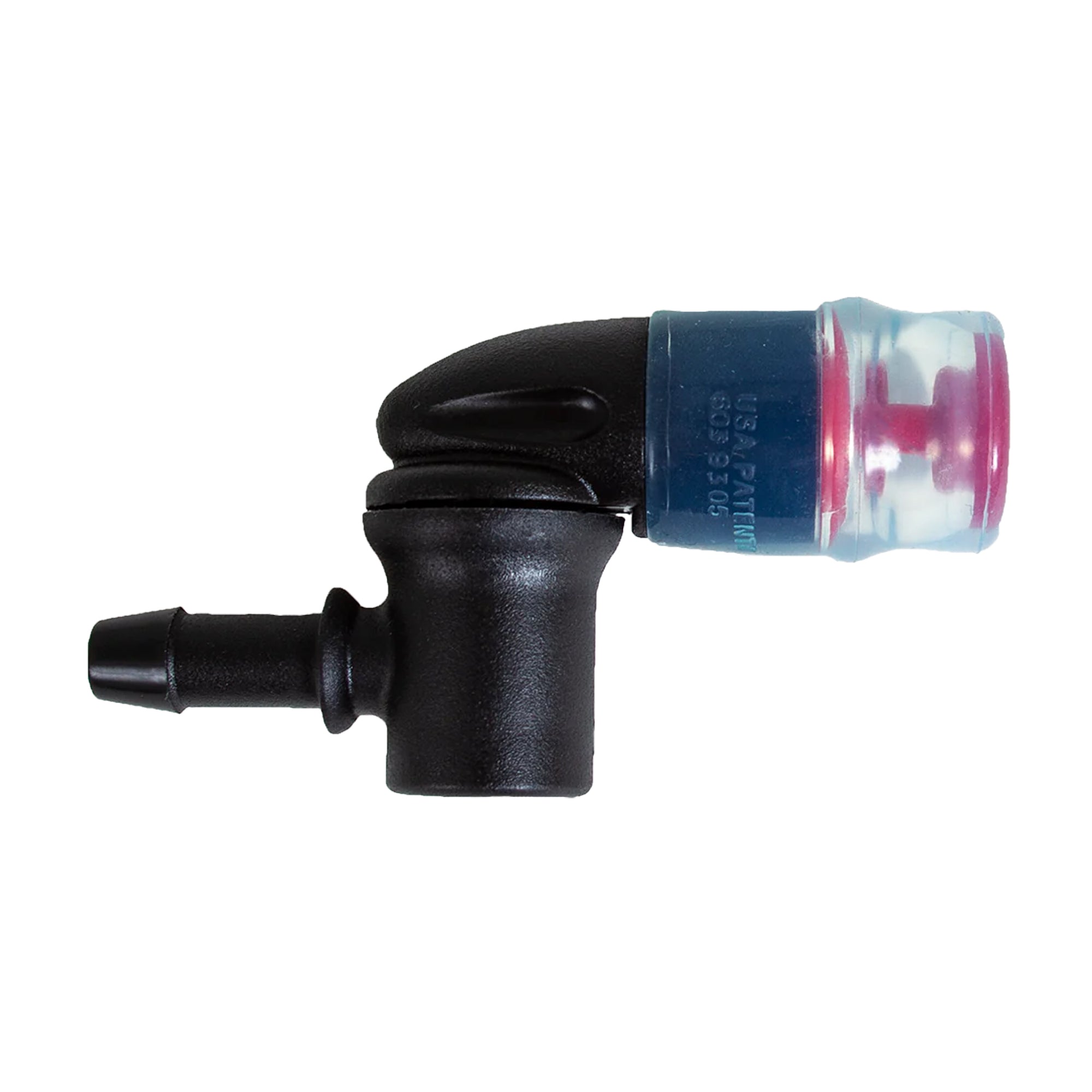 An angled easy flow bite valve for hydration bladders, predominantly black with blue and pink details.