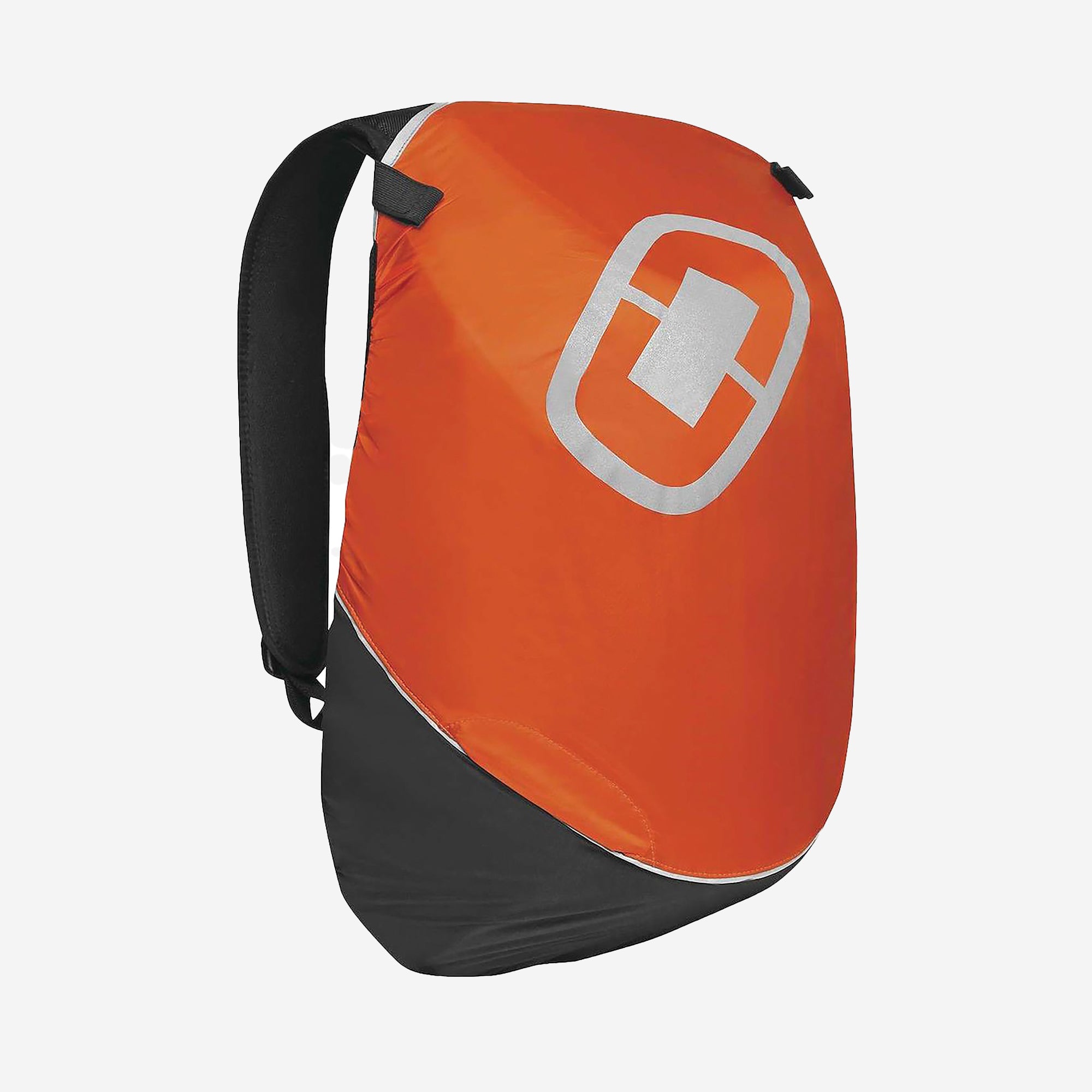 Orange and black motorcycle backpack with a geometric design and a zipper.