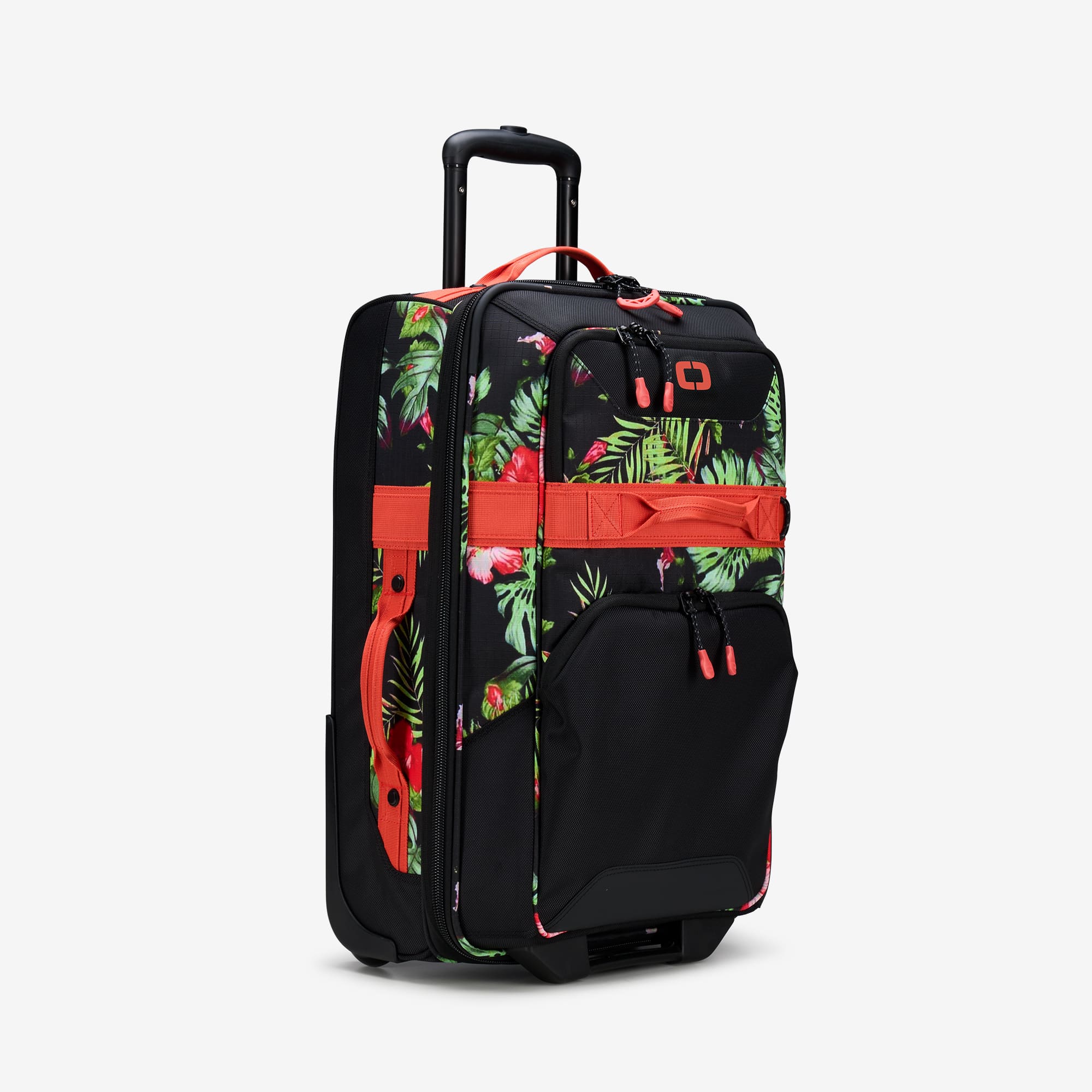 A black piece of luggage with a floral pattern featuring red and green colors, and an orange trim.