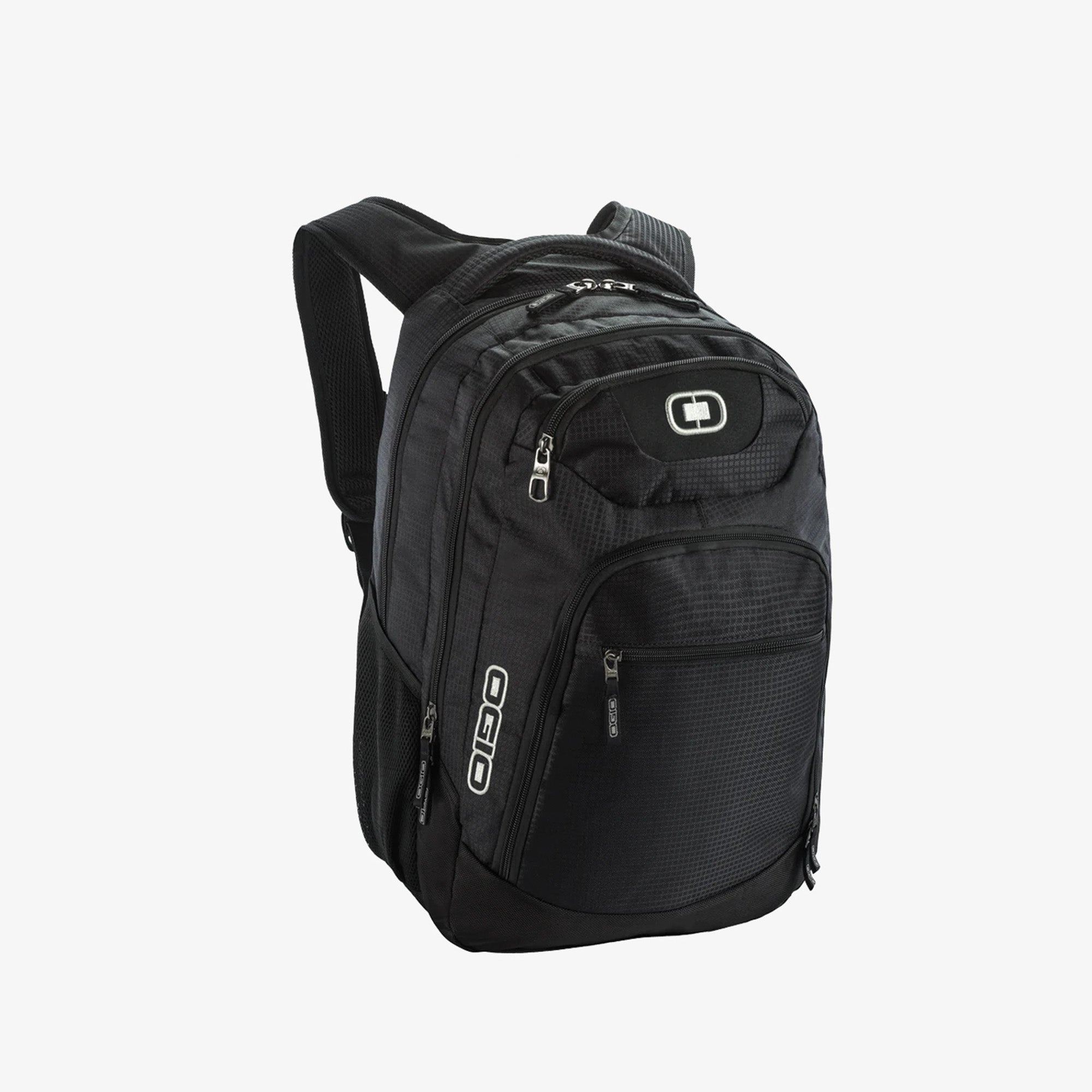 A black OGIO branded backpack featuring dual main compartments and an ultra-padded air mesh back.