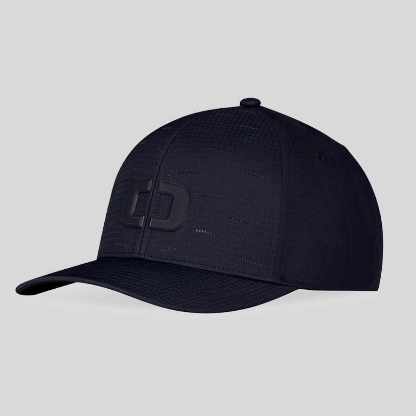 A black OGIO branded performance hat with a six-panel fit and perforated front.