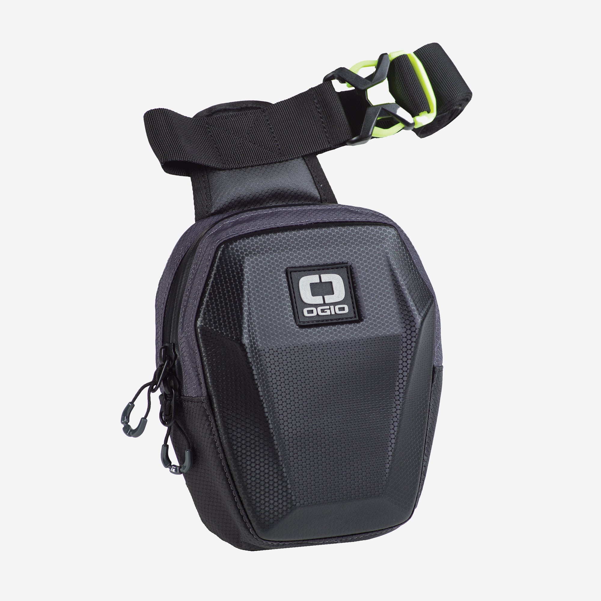 A black OGIO Razor Leg Bag designed for motorcycle riders, featuring a strap and the OGIO logo.