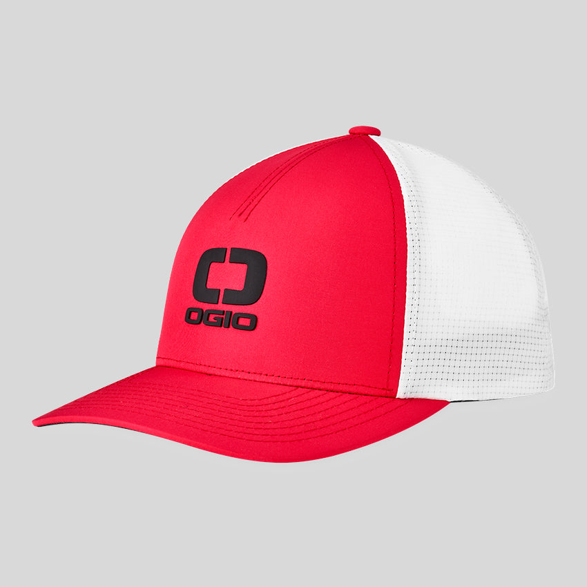 A red and white OGIO mesh hat with the brand's logo on the front.