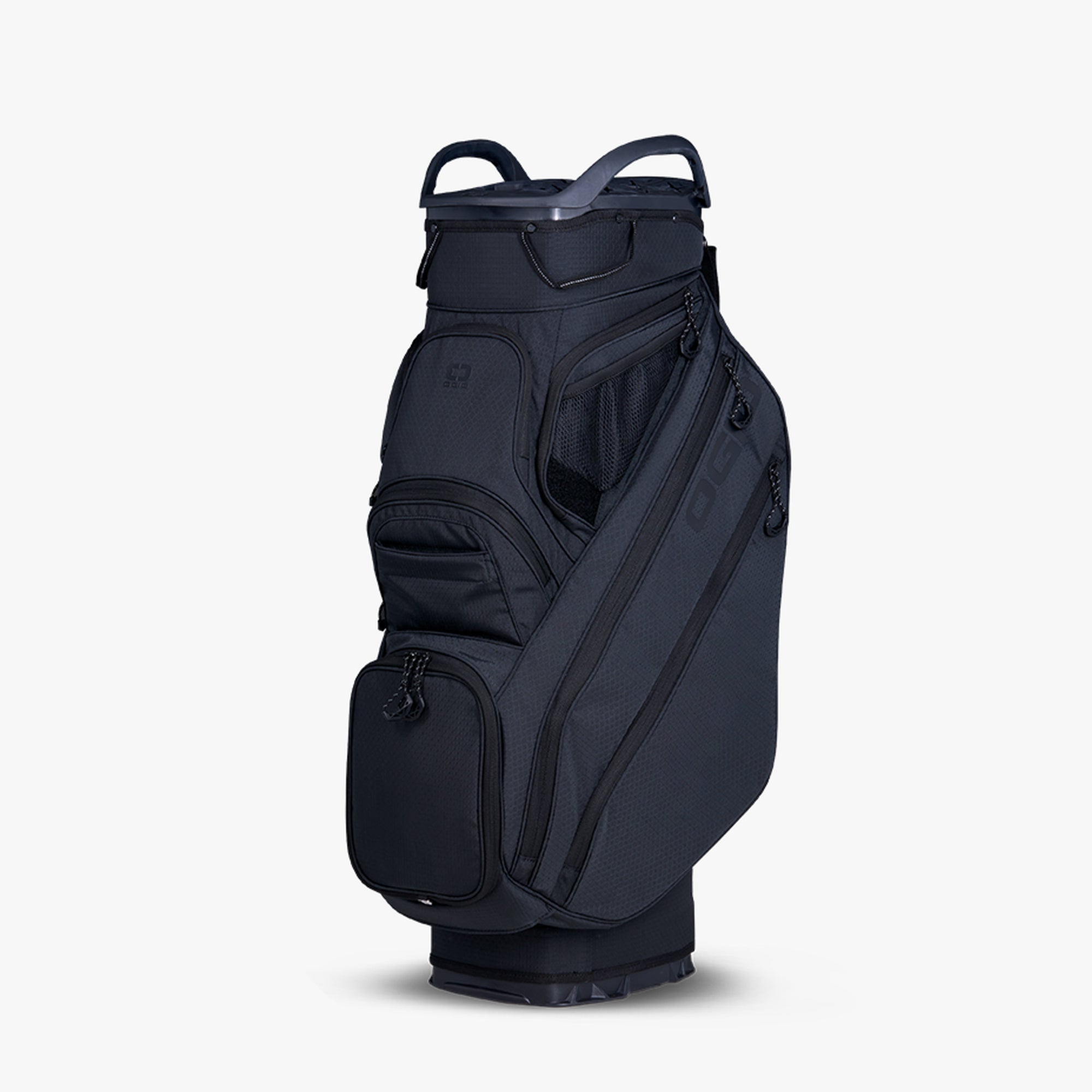 A black golf cart bag with multiple pockets and straps, featuring the OGIO brand logo.