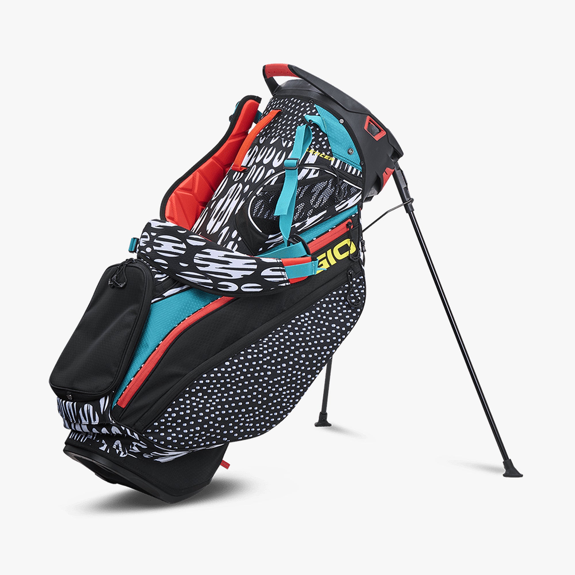 OGIO Silencer Hybrid Stand Golf Bag in black with blue accents and a distinctive pattern, displayed on a white background.
