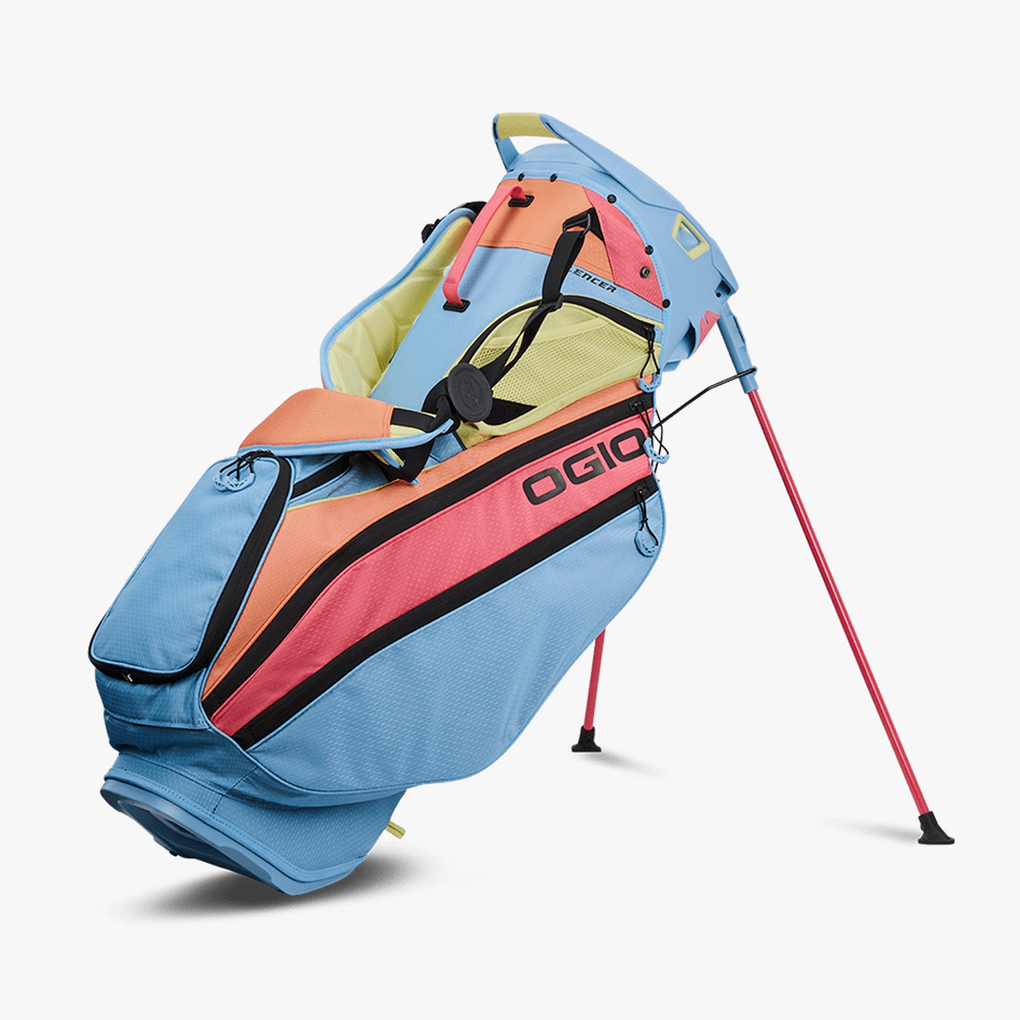 OGIO Silencer Hybrid Stand Golf Bag in multicolor with a Sherbet color scheme, featuring multiple pockets and the OGIO logo on the side.