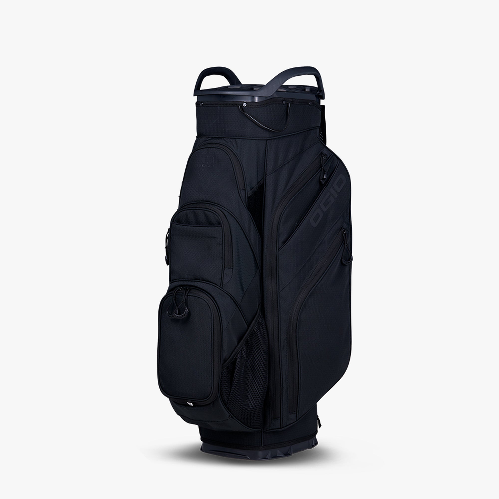A black golf cart bag with multiple pockets and a top handle.