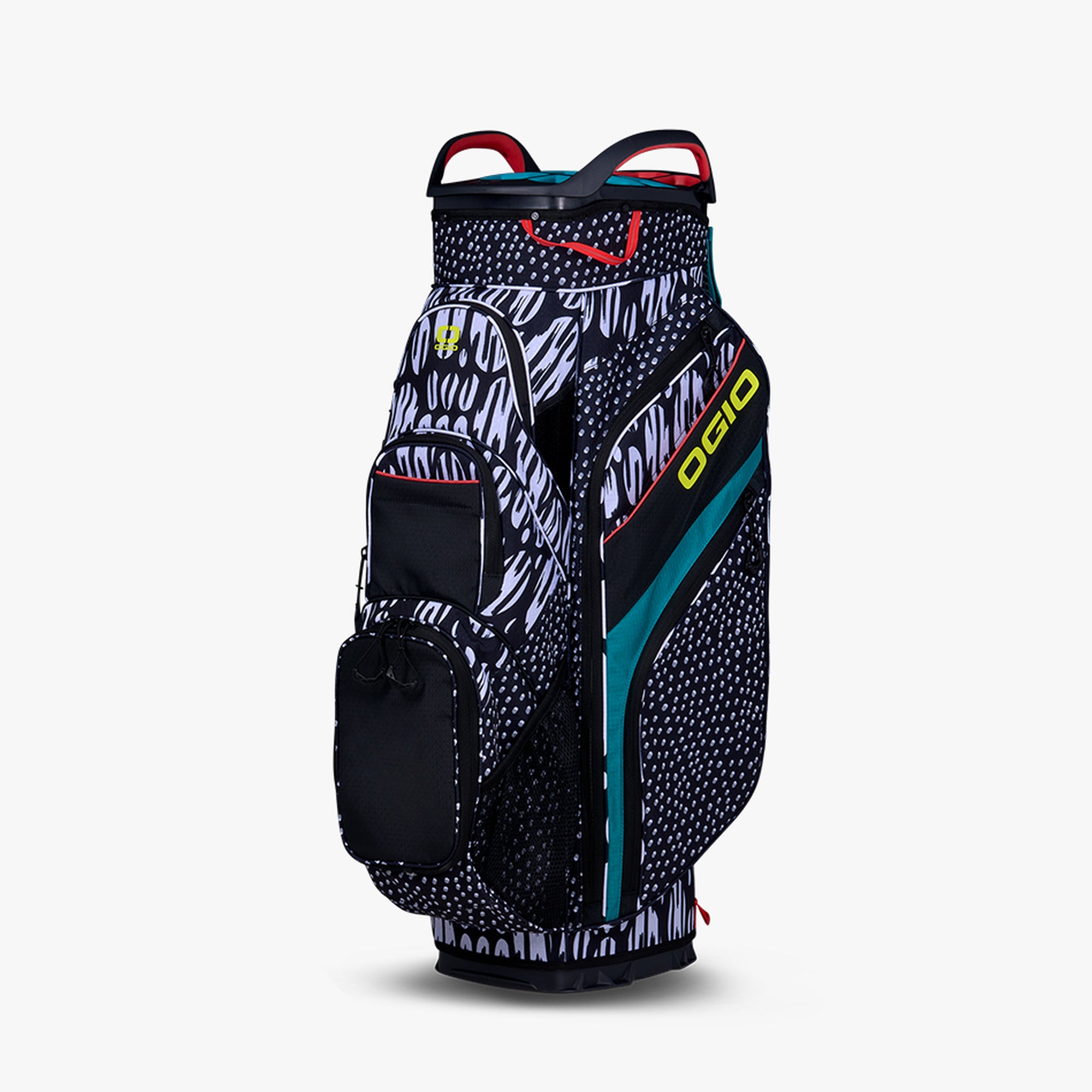 A black and white animal patterned golf cart bag with colorful accents and multiple pockets, featuring the OGIO logo.