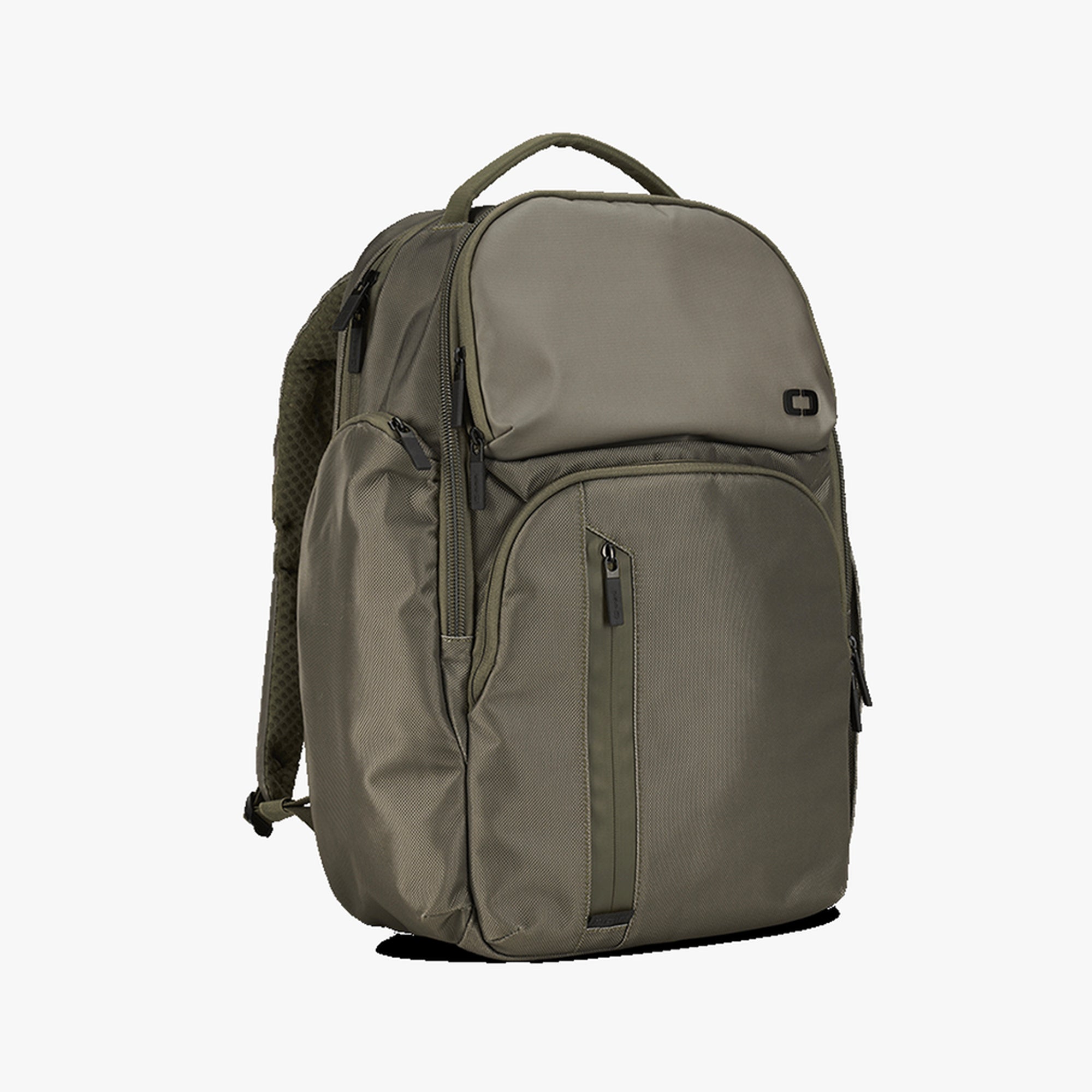 A green business travel backpack with multiple pockets and a trolley sleeve, designed for organization and convenience.
