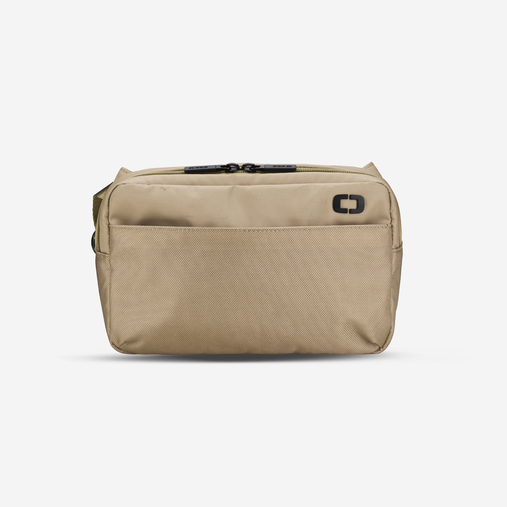 Black crossbody bag with a zipper closure and a subtle brand logo on the front.