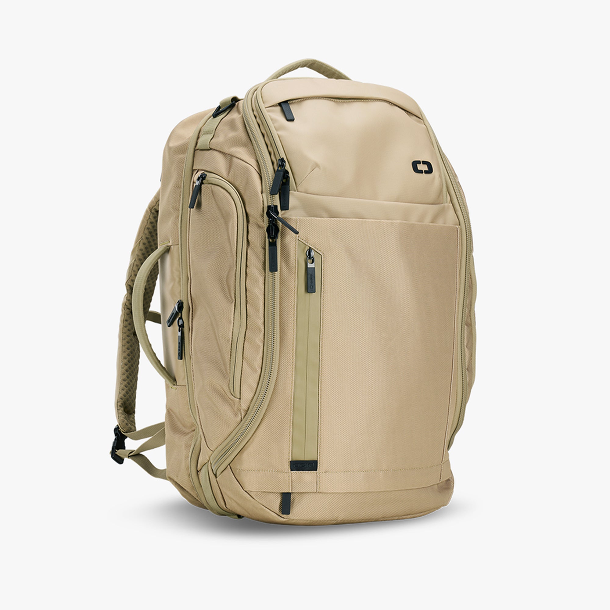 A beige travel duffel backpack with multiple compartments and zipper closures. It has adjustable backpack straps and appears to be made of a durable fabric.