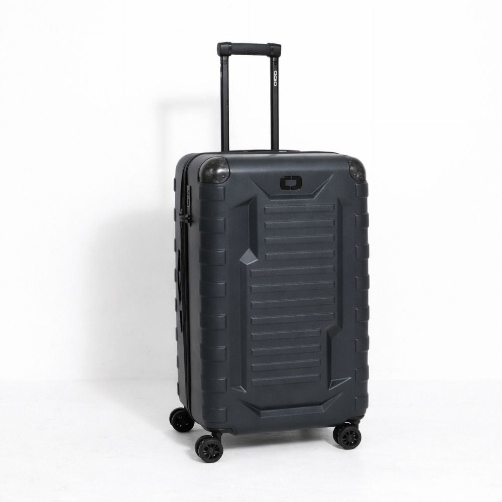 Black suitcase with wheels on a white background