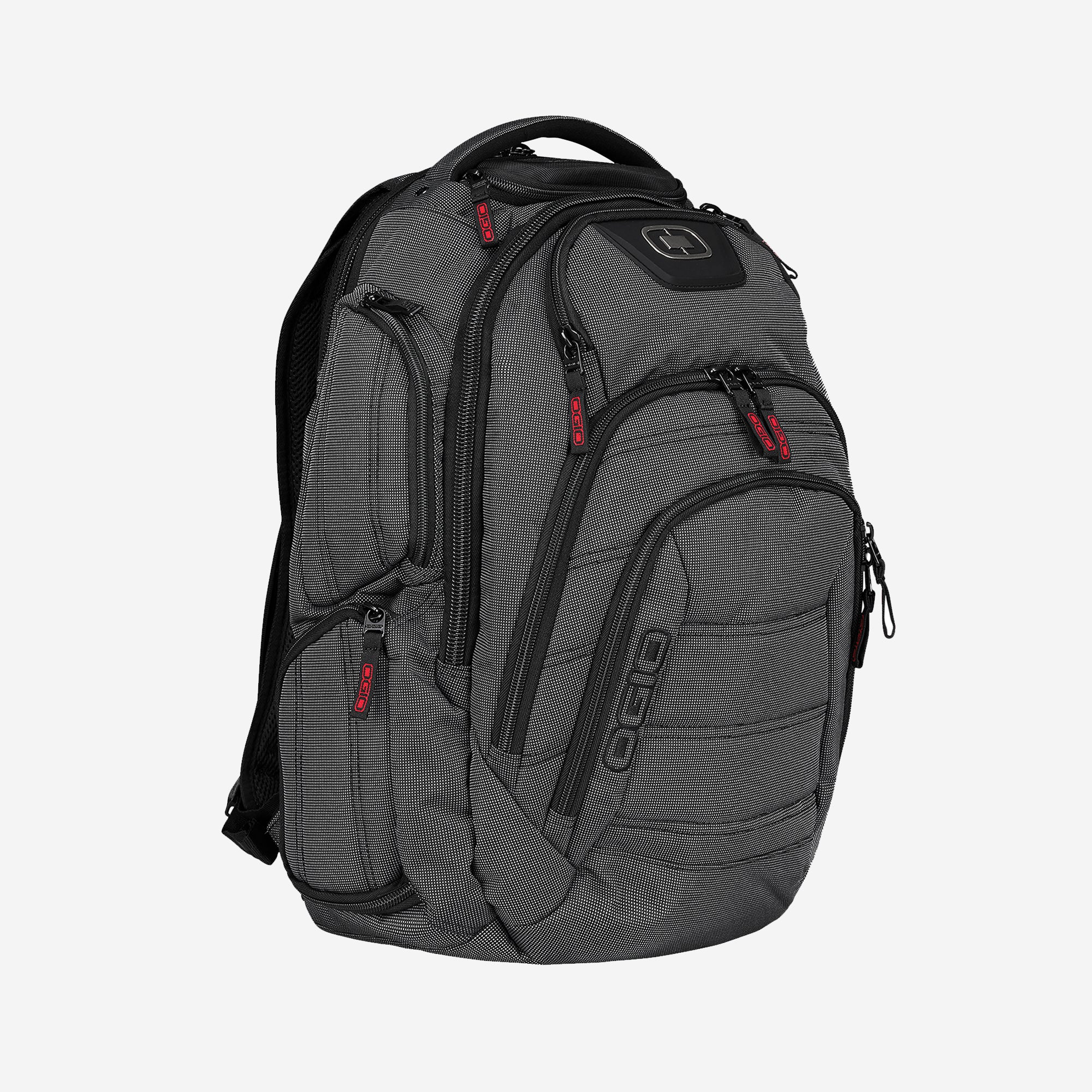 Black pindot pattern laptop backpack with multiple compartments and red zipper accents.