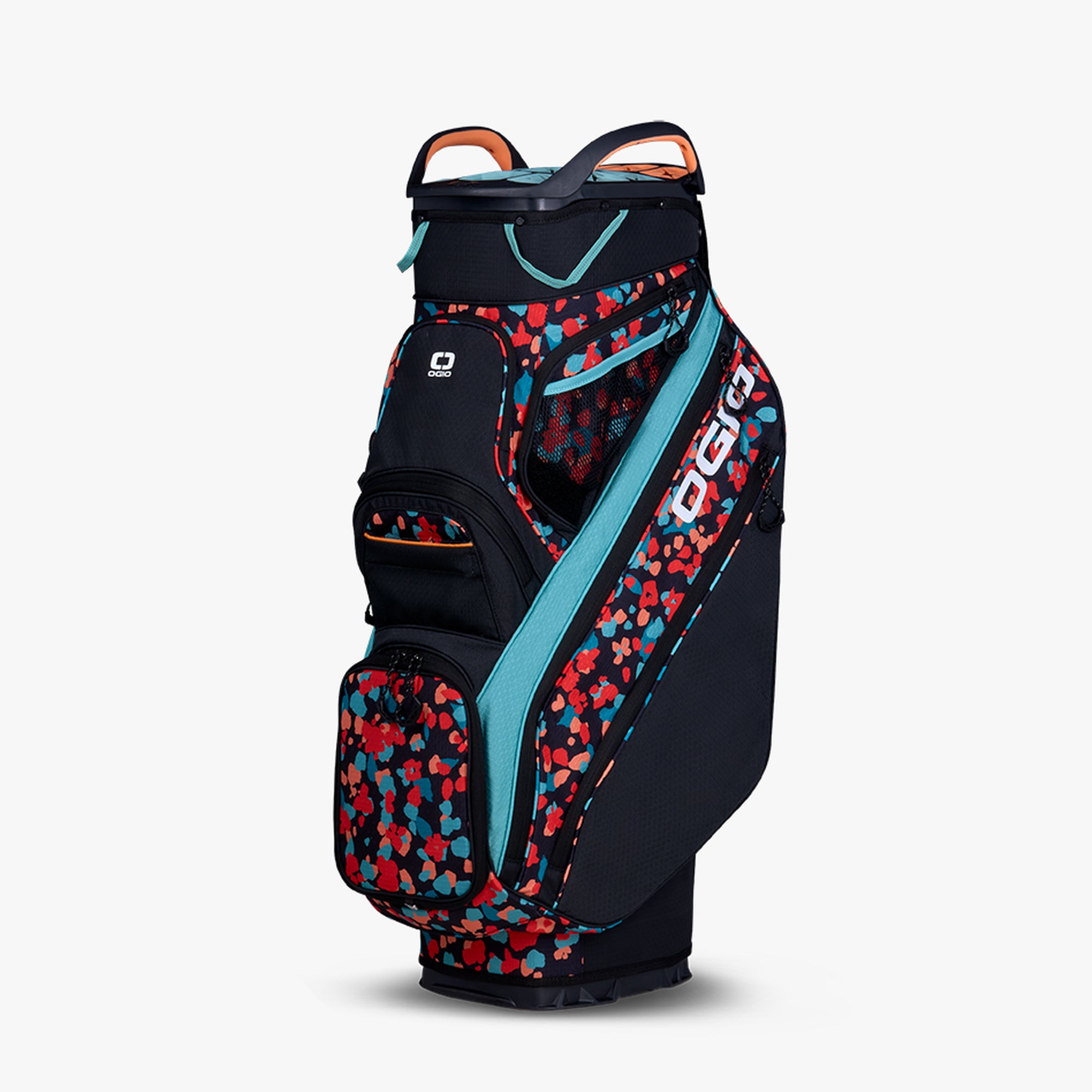 A black golf bag with a multicolored confetti pattern, featuring multiple storage pockets and secure cart straps.