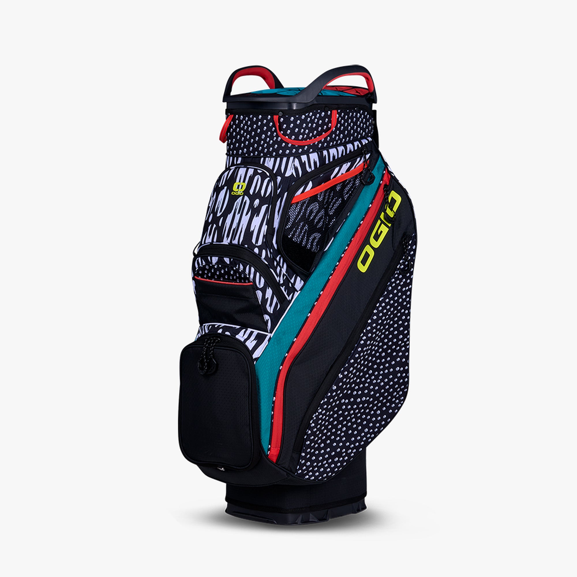 A stylish OGIO golf cart bag with a black base and top, featuring a geometric pattern in white and color accents in red and blue, multiple storage pockets, and secure cart straps.