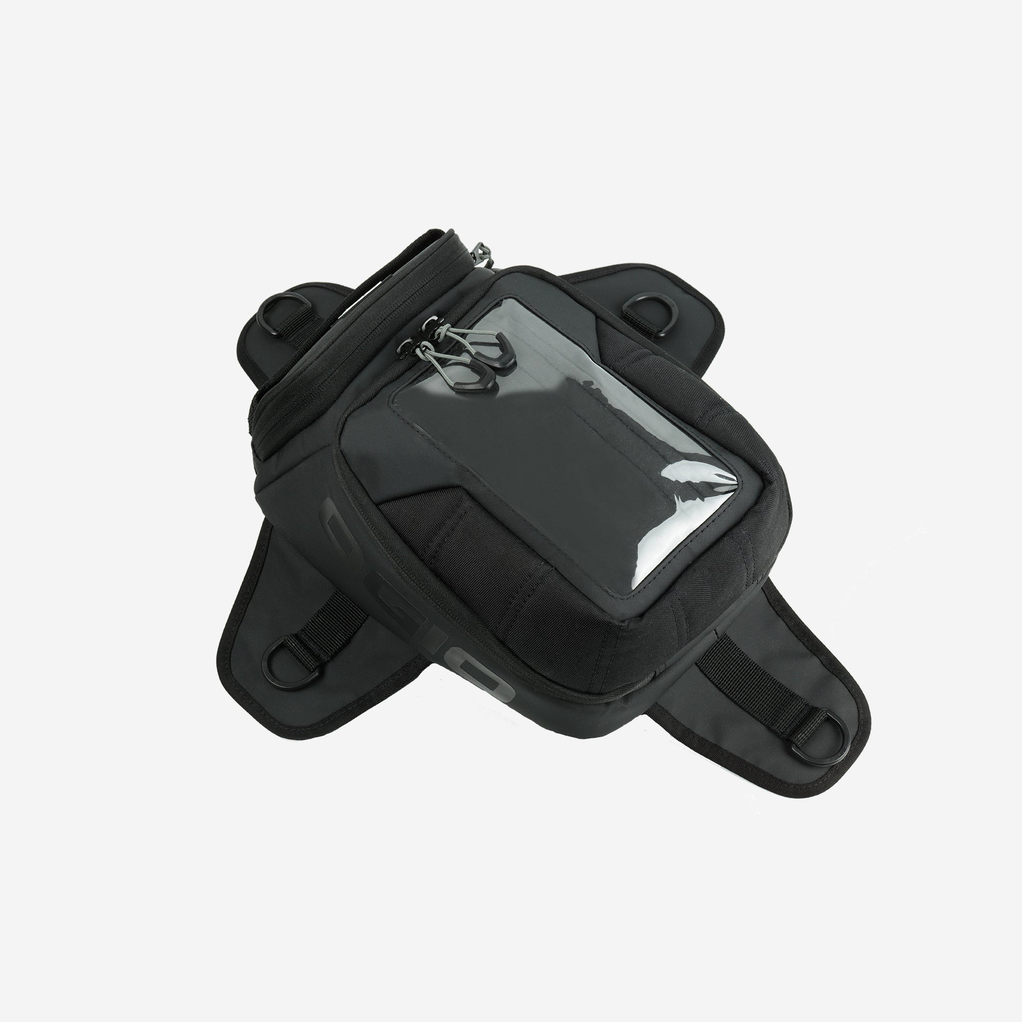 A black motorcycle tank bag with multiple compartments, designed to be attached to the motorcycle tank.