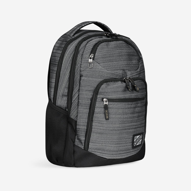 A gray Tribune laptop backpack with multiple compartments, featuring a padded laptop compartment and a black base.