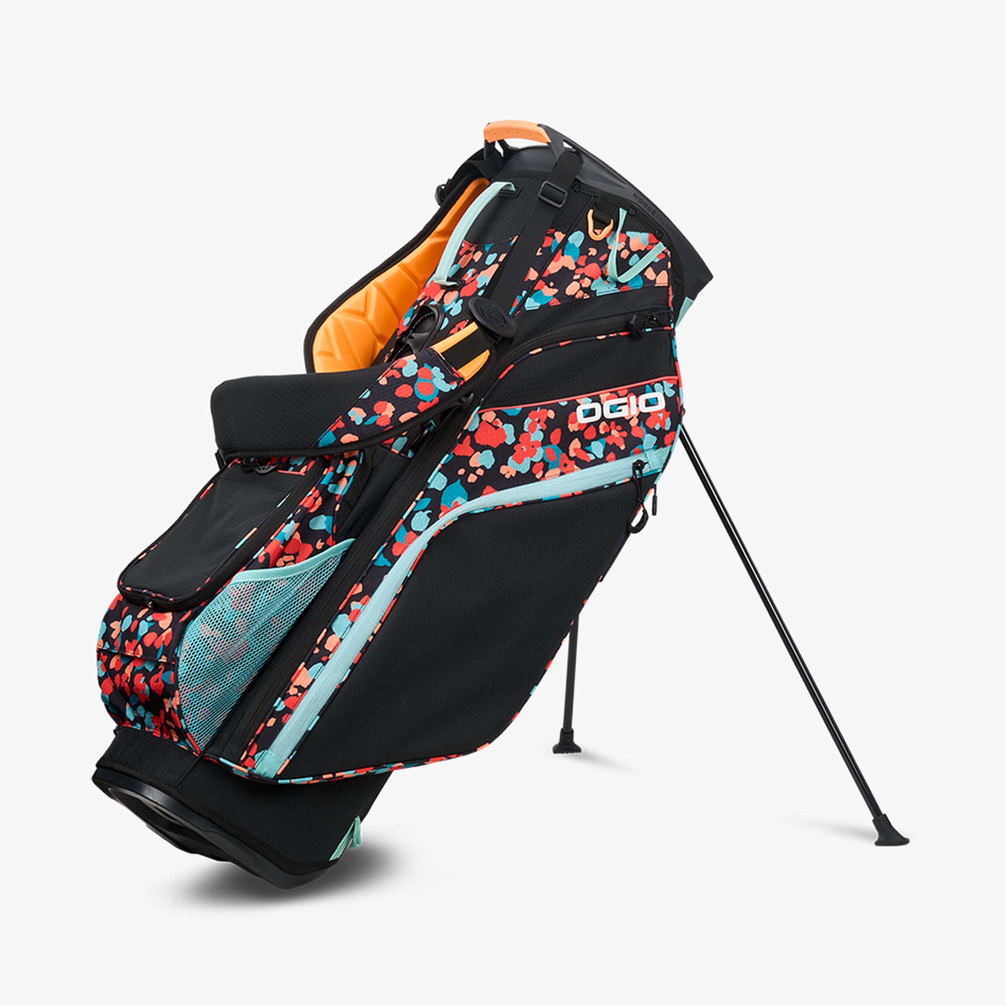 OGIO Woode Hybrid Stand Golf Bag with a multi-colored confetti pattern on a black background, displayed in a standing position.